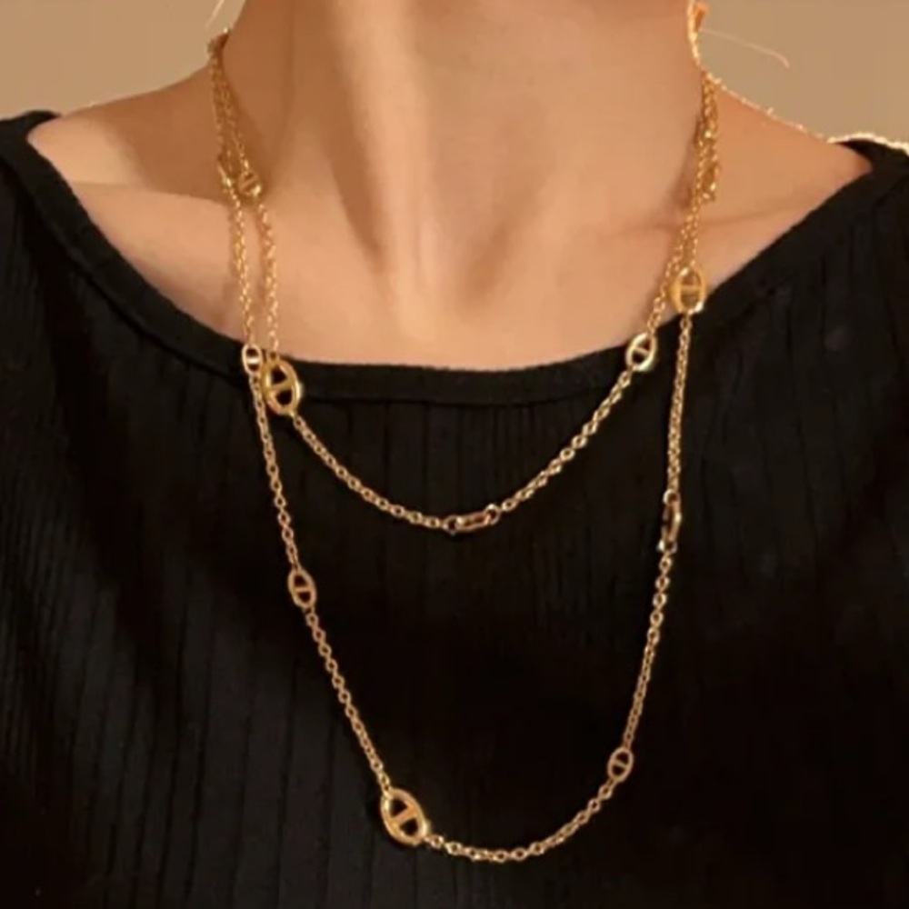Multilayer Gold Plated Pig nose Necklace Bracelet Set Stainless Steel - Picture 7 of 15